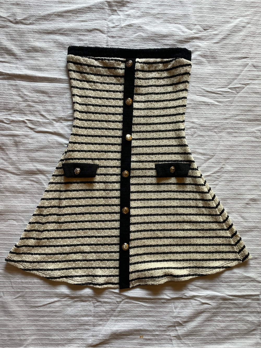 Striped Black and Cream Strapless Mini Dress